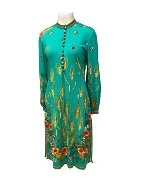 Vintage Teal Green Maurice Signed Corn Print Dress Pop Art Fall 34-36 Bust -